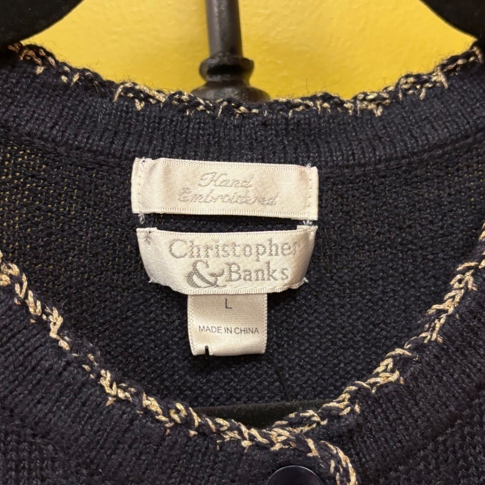 Christopher & Banks Vintage Hand Embroidered Leaf Cardigan Navy Blue Large Fall - Picture 3 of 8